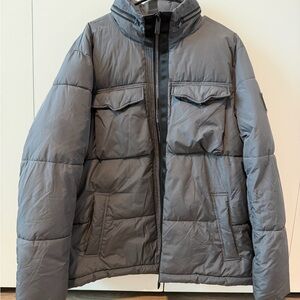 Karl Lagerfeld Paris Gray Puffer Jacket XL Logo Sleeve Winter Coat